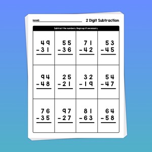 以下が含まれることがあります： 「2 Digit Subtraction」というタイトルの白黒の印刷可能なワークシート。ワークシートには、生徒が2桁の数を引く必要がある数学の問題が9つあります。指示は、数を引いて、必要に応じて再グループ化することです。