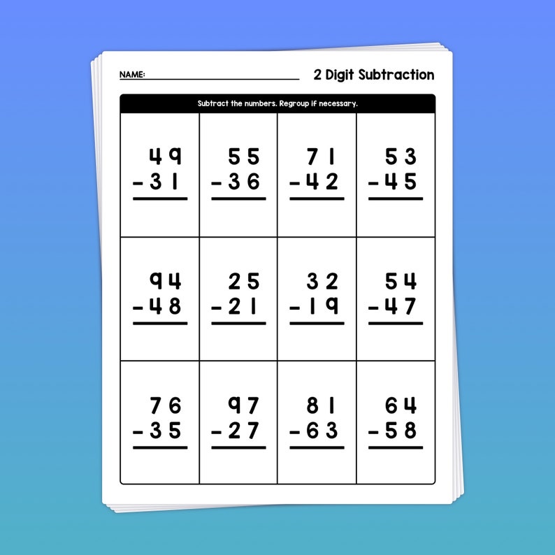 以下が含まれることがあります： 「2 Digit Subtraction」というタイトルの白黒の印刷可能なワークシート。ワークシートには、生徒が2桁の数を引く必要がある数学の問題が9つあります。指示は、数を引いて、必要に応じて再グループ化することです。