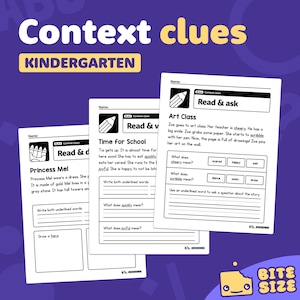 Peut inclure: Feuilles de travail éducatives pour la maternelle avec des exercices de compréhension en lecture. Les feuilles de travail comprennent des histoires courtes et des questions sur le vocabulaire et les indices contextuels. L'image contient le texte "Context clues" et "Kindergarten".