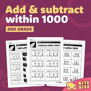 May include: A black and white worksheet with the title "Add & subtract within 1000" and "2nd Grade". The worksheet has several addition and subtraction problems for students to solve. The problems are set up in a grid format with hundreds, tens, and ones columns.