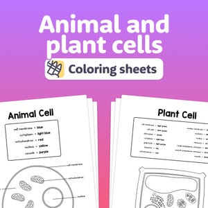 May include: Coloring sheets featuring animal and plant cells. The sheets include diagrams of animal and plant cells with labels for cell parts. The text includes "Animal Cell" and "Plant Cell" with color-coded labels for each part.