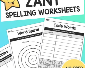 May include: Black and white printable worksheets for kids to practice spelling. The worksheets feature a word spiral and a code words activity. The title of the worksheets is "Zany Spelling Worksheets".
