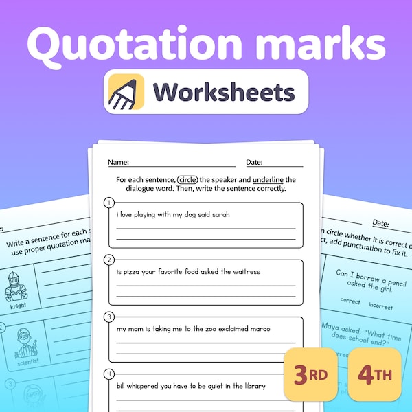No Prep Quotation Marks Worksheets | Dialogue Worksheets | 3rd & 4th Grade Quotation Marks, Dialogue, Commas, Punctuation (Printable PDF)