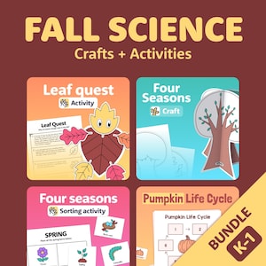 May include: A bundle of four autumn-themed educational activities for kindergarten students. The activities include a leaf quest, a four seasons craft, a four seasons sorting activity, and a pumpkin life cycle activity.