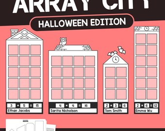 Halloween Array City Math Craft | Activiteit matrices met vermenigvuldiging 2e, 3e en 4e leerjaar, wiskundewerkbladen Halloween (afdrukbare pdf)