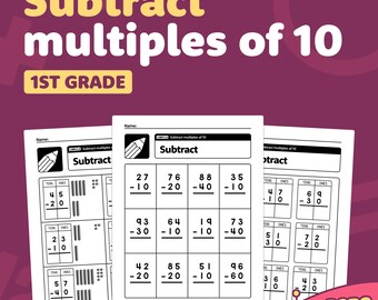 Op de afbeelding: Een zwart-wit printbaar werkblad voor leerlingen van de eerste klas om te oefenen met het aftrekken van veelvouden van 10. Het werkblad heeft een titel die zegt "Aftrekken van veelvouden van 10" en bevat een potloodpictogram. Het werkblad heeft verschillende rekenproblemen met basistienblokken om leerlingen te helpen de rekenproblemen te visualiseren.