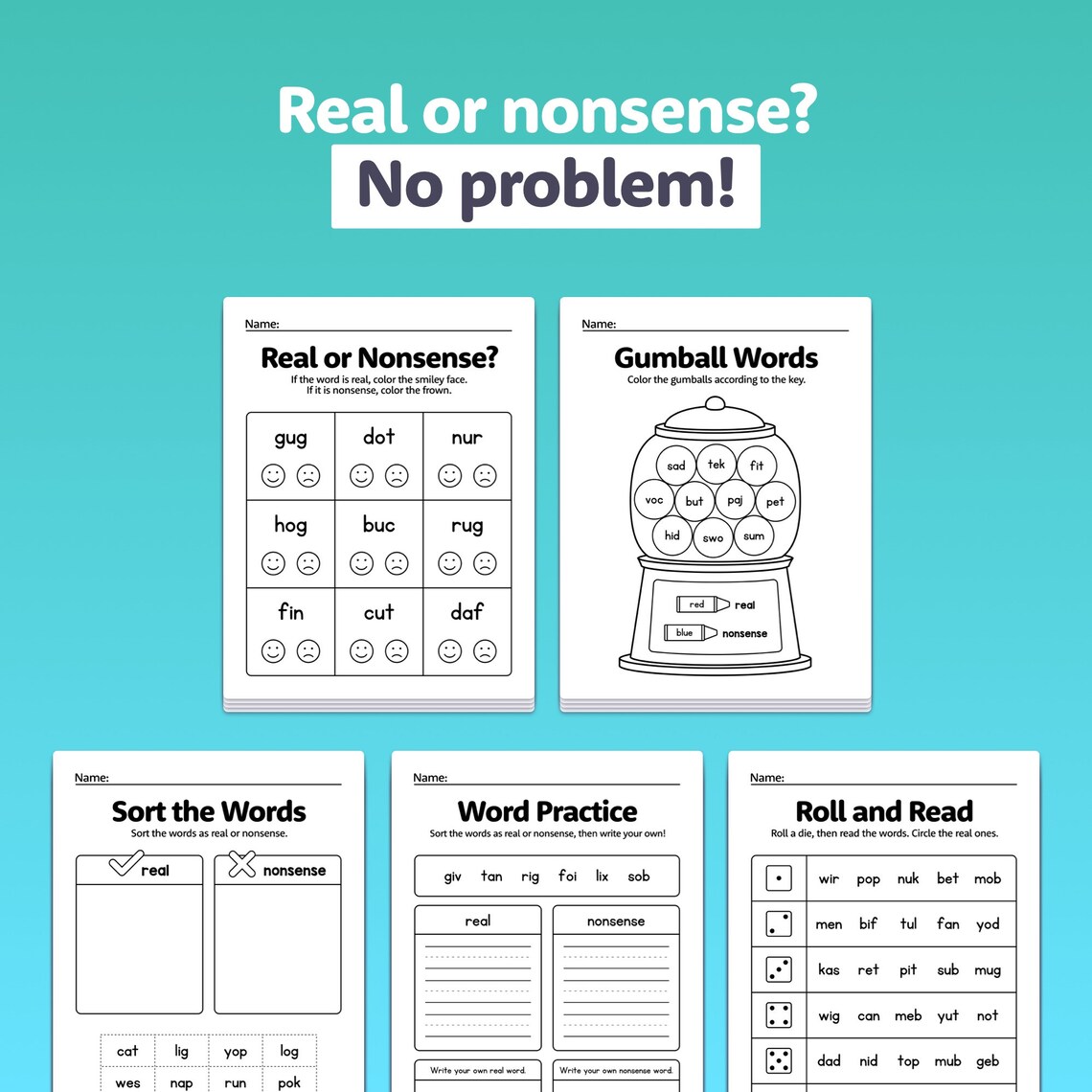 Real or Nonsense Words Worksheets 1st Grade & Kindergarten CVC Words