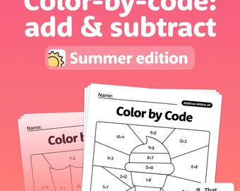 Zomer kleurplaten optellen en aftrekken | Wiskunde activiteitenbladen kleuterschool, 1e leerjaar en 2e leerjaar (afdrukbare pdf)
