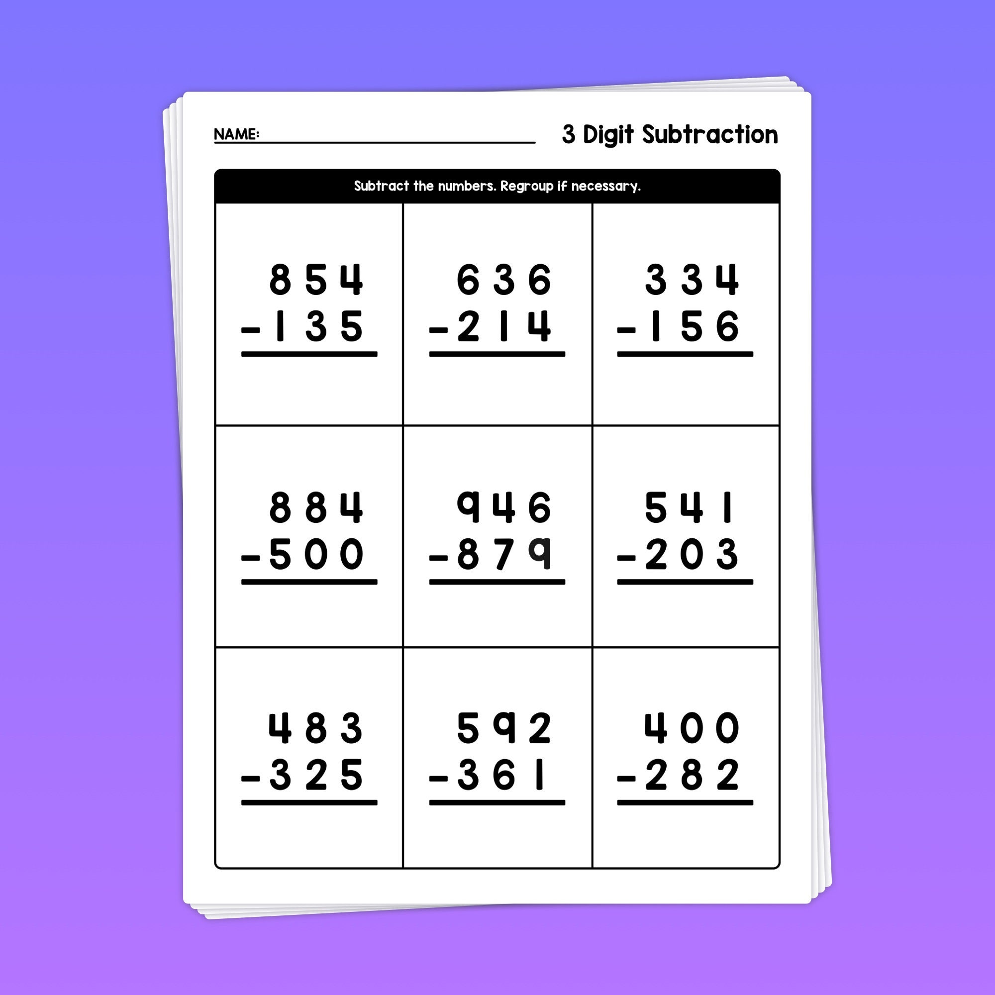 No Prep 3 Digit Subtraction With Regrouping Worksheets 2nd, 4th, 3rd