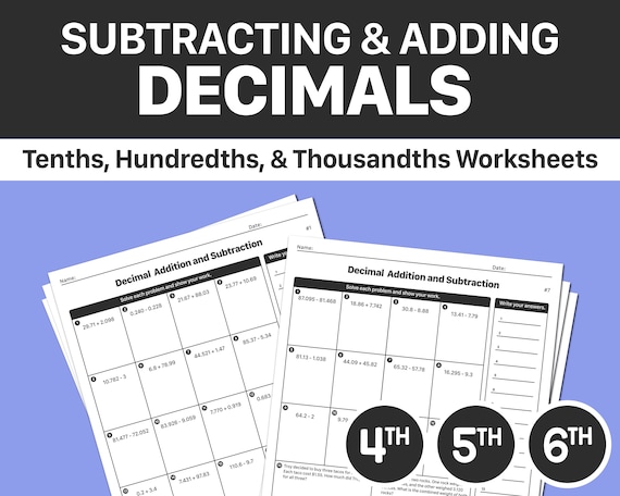 subtracting adding decimals worksheets 4th 5th 6th grade etsy