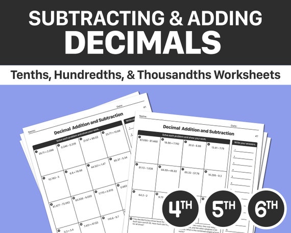 subtracting adding decimals worksheets 4th 5th 6th grade etsy