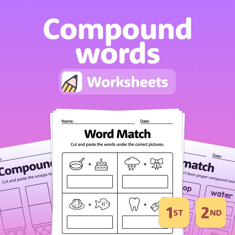 1st & 2nd Grade Compound Words Worksheets Vocabulary and Grammar Activities, English Worksheets Printable PDF image 1