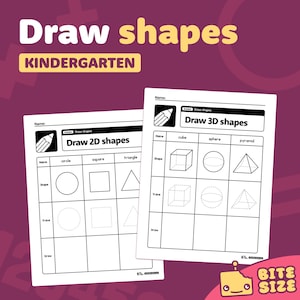 Può includere: Due fogli di lavoro stampabili in bianco e nero per gli studenti della scuola materna per esercitarsi a disegnare forme 2D e 3D. I fogli di lavoro includono i nomi delle forme, esempi di forme e linee tratteggiate per il tracciamento.