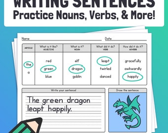 Writing Sentences Worksheets | 1st, 2nd, 3rd Grade  / Practice Nouns, Verbs, Adjectives, & Adverbs Activity (Printable PDF)