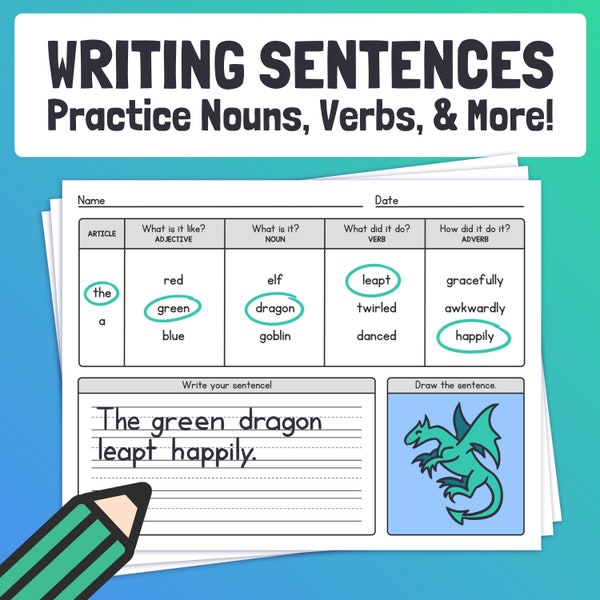 Writing Sentences Worksheets | Kindergarten, 1st, 2nd Grade  / Practice Nouns, Verbs, Adjectives, & Adverbs Activity (Printable PDF)