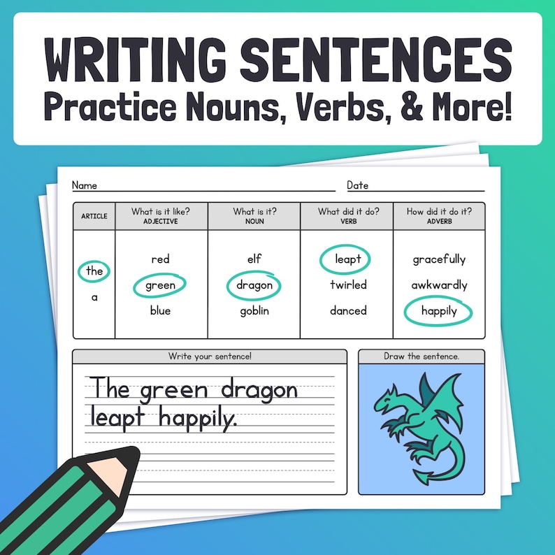 May include: A worksheet for practicing writing sentences. The worksheet includes a table with columns for articles, adjectives, nouns, verbs, and adverbs. The table is filled with words that can be used to create a sentence. The sentence "The green dragon leapt happily." is written on the worksheet. A green dragon is drawn in the box to the right of the sentence.