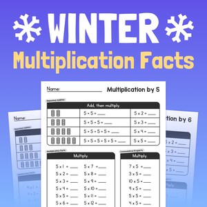 May include: A black and white printable worksheet with the title "Winter Multiplication Facts". The worksheet includes multiplication problems for the number 5 and 6. The worksheet is designed for children to practice their multiplication skills.