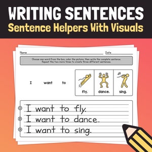 Sentence Writing Activity | K, 1st, & 2nd Grade Learn Nouns and Verbs, Simple Sentence Helpers, ESL Sentence Worksheets (Printable PDF)