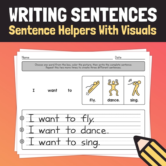 Sentence Writing Activity | K, 1st, & 2nd Grade Learn Nouns and Verbs, Simple Sentence Helpers, ESL Sentence Worksheets (Printable PDF)