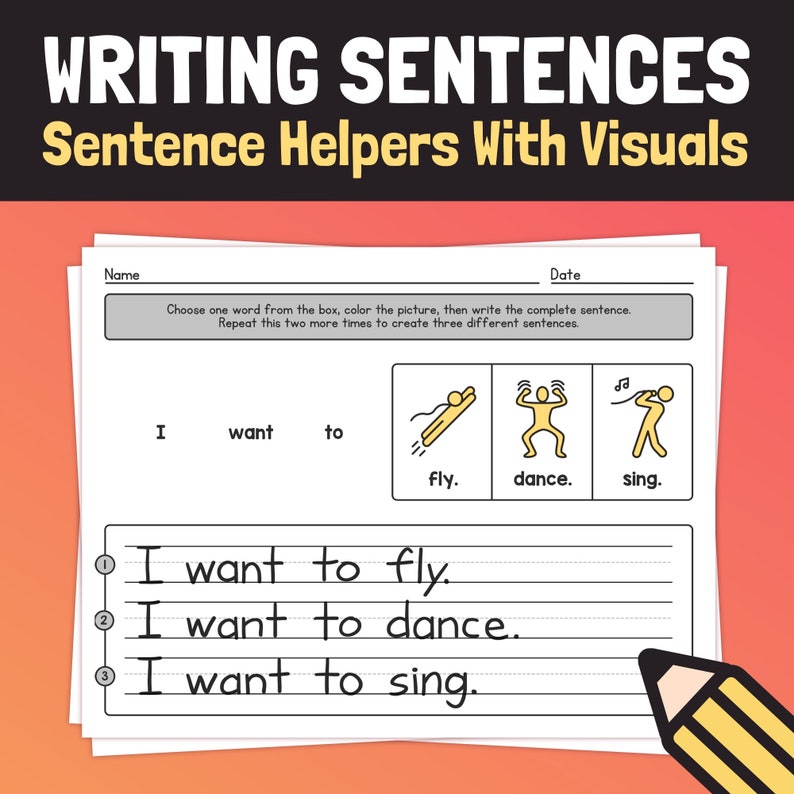 以下が含まれることがあります： 「文章を書く Sentence Helpers With Visuals」というタイトルのワークシートで、文を完成させるものです。文章は「私は飛びたい」、「私は踊りたい」、「私は歌いたい」です。ワークシートにはイラストが含まれています。