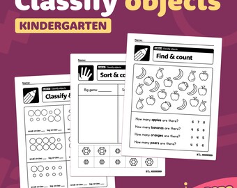 Hojas de trabajo para clasificar objetos / Centros de matemáticas para jardín de infantes, repaso de clasificación de formas y categorías, actividades didácticas, K.MD.B.3 (PDF imprimible)