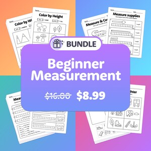 May include: A bundle of printable worksheets for beginner measurement activities. The worksheets include activities like coloring by height, measuring supplies, and comparing lengths. The bundle is priced at $8.99, a discount from the original price of $16.00.