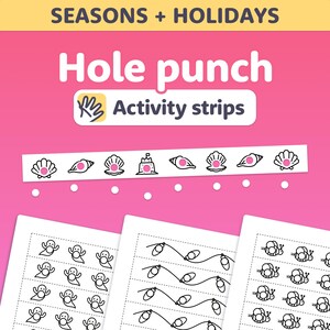 May include: Pink and white activity strips with seashell and sandcastle designs, and the words "Hole punch Activity strips" in white. The image also shows sheets with ghost, light bulb, and bird designs.