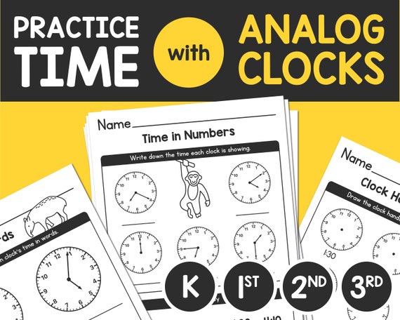 analog clocks worksheets kinder 1st 2nd 3rd grade etsy