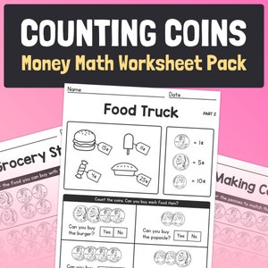 May include: Black and white worksheet for counting coins. The worksheet features a food truck theme with images of a burger, popsicle, and pie. The worksheet includes a table with coin values and a section for counting coins to determine if a student can buy each food item.
