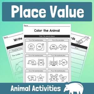 Puede incluir: Hoja de trabajo imprimible en blanco y negro con el título "Valor posicional" y las palabras "Colorea el animal". La hoja de trabajo tiene una serie de números y animales para colorear en función del valor posicional de los números.