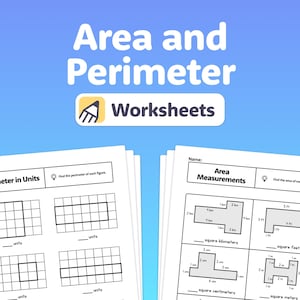 May include: Worksheets for area and perimeter calculations. The worksheets feature geometric shapes with measurements in units, square kilometers, square feet, square centimeters, and square meters. The title "Area and Perimeter Worksheets" is displayed at the top.