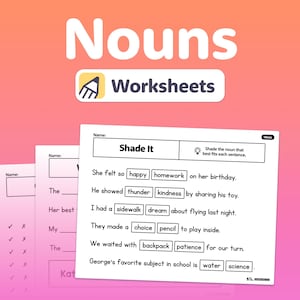 Könnte beinhalten: Lehrreiche Arbeitsblätter zum Erlernen von Nomen. Das Bild zeigt einen Stapel von Arbeitsblättern mit dem Titel "Nomen Arbeitsblätter" und dem Text "Schattieren Sie es". Die Arbeitsblätter enthalten Lückensätze mit Nomenoptionen.
