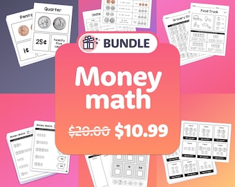 Könnte beinhalten: Ein druckbares Geld-Mathe-Paket für Kinder. Das Paket enthält Arbeitsblätter zum Zählen von Münzen, zum Zuordnen von Münzen und zum Lösen von Geld-Wortproblemen. Das Paket ist für 10,99 € erhältlich.