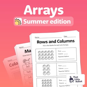 Könnte beinhalten: Ein schwarz-weißes Arbeitsblatt mit dem Titel "Zeilen und Spalten" und der Anweisung "Fülle die Lücken für jeden Satz von Arrays aus". Das Arbeitsblatt zeigt drei verschiedene Arrays von Basketbällen und fordert den Benutzer auf, die Anzahl der Zeilen, Spalten und die wiederholte Additionsgleichung für jedes Array zu identifizieren.