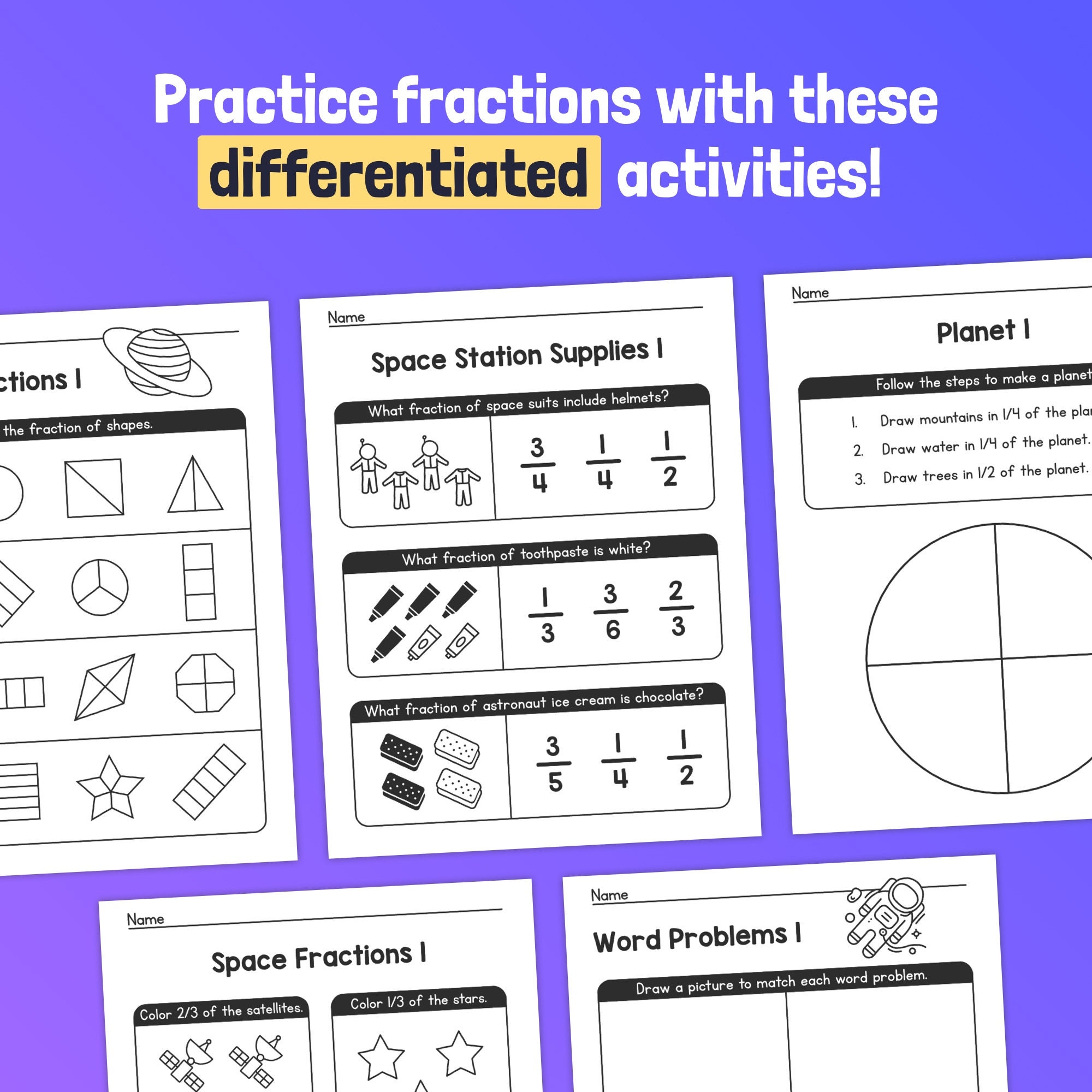 Hojas de trabajo de fracciones para principiantes / Actividades de  fracciones de 2.º y 3.er grado, Matemáticas del espacio exterior, Fracciones  del núcleo común (PDF imprimible) - Etsy México, image size:2000x2000