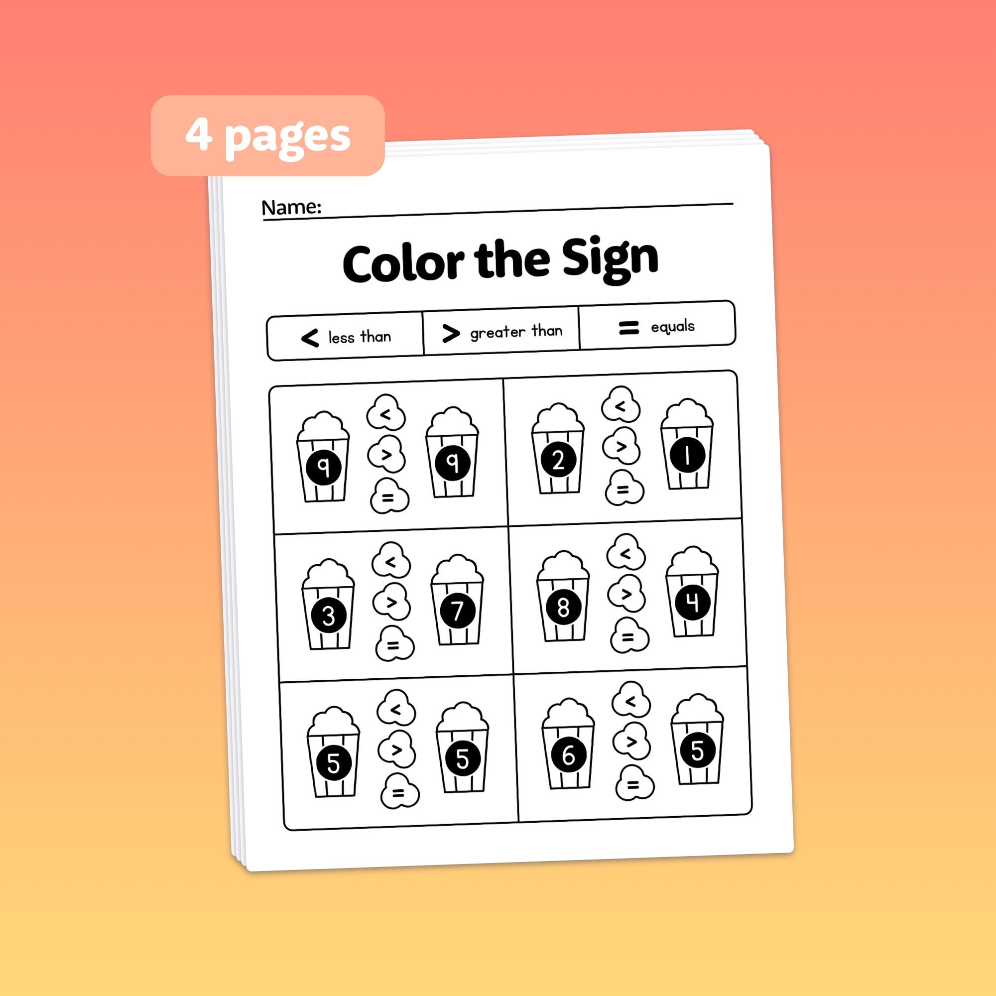 Comparing 1 Digit Numbers Worksheets | Greater Than, Less Than, Equals ...