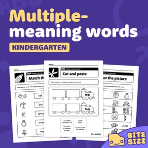 Peut inclure: Feuille de travail noir et blanc pour les élèves de maternelle pour apprendre les mots à plusieurs sens. La feuille de travail comporte trois sections : Associer le mot à deux images, Découper et coller les multiples sens de chaque mot et Choisir le bon sens de chaque mot. Les mots inclus sont : clou, chauve-souris, ressort, couronne, anneau, voyage, insecte.