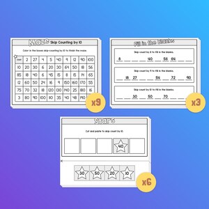 May include: A printable worksheet with three activities for learning skip counting by 10. The first activity is a maze where students color in boxes that skip count by 10. The second activity is a fill-in-the-blanks worksheet where students fill in the missing numbers in a skip counting sequence. The third activity is a cut and paste activity where students cut out stars with numbers on them and paste them in the correct order to skip count by 10.