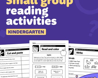 May include: Educational kindergarten reading activities. The image features worksheets with the title "Small group reading activities" and the word "Kindergarten". Worksheets include "Cut and paste", "Read and color", and "Write" exercises. The worksheets have illustrations and text.