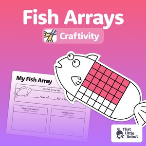 Puede incluir: Una hoja de trabajo imprimible con un pez de dibujos animados con un patrón de cuadrícula en su cuerpo. La hoja de trabajo se titula "Mi arreglo de peces" e incluye instrucciones para crear un arreglo de peces, suma repetida y multiplicación. La hoja de trabajo es parte de una actividad educativa "Arreglos de peces".