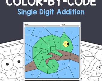 Single Digit Addition Worksheets – Kindergarten, 1st Grade Math Color-by-Code (Printable PDF Download)