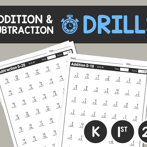 addition subtraction worksheet drills kinder 1st 2nd etsy