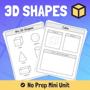 May include: A printable worksheet for kids to learn about 3D shapes. The worksheet includes a cube, sphere, cone, and cuboid. The worksheet has a section for tracing the shape, drawing the shape, and drawing a real-world example of the shape. The worksheet is titled "My 3D Shapes".