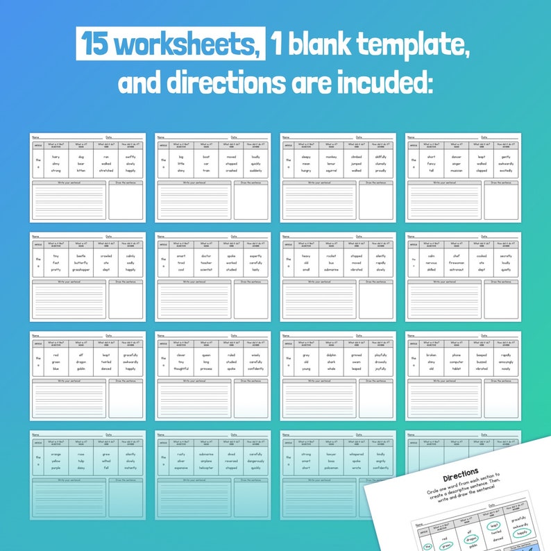 May include: A set of 15 black and white worksheets with a blank template and directions for a word-building activity. The directions instruct the user to circle a word from each section to create a sentence. The image includes the text "Directions: Circle one word from each section to create a sentence. Then, write and draw the sentence."