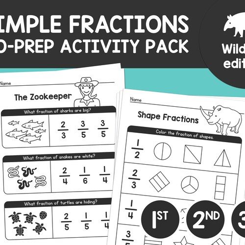 simple fractions worksheets 1st 2nd 3rd grade basic etsy