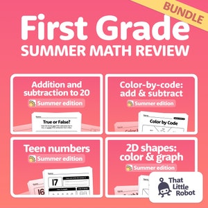 Peut inclure: Un lot de quatre feuilles de travail d'été imprimables pour la révision des mathématiques en première année. Les feuilles de travail comprennent l'addition et la soustraction jusqu'à 20, la coloration par code de l'addition et de la soustraction, les nombres d'adolescents et les formes 2D : couleur et graphique. Chaque feuille de travail a un thème estival et présente une icône de soleil.