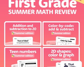 1st Grade Summer Math Review | First Grade Summer Packet | Summer Math Bundle — Addition, Subtraction, Numbers, & Shapes (Printable PDF)