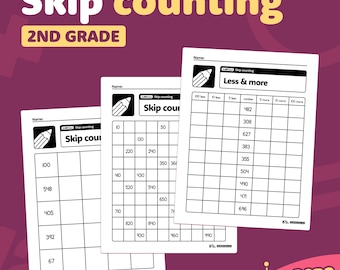 May include: Three black and white printable worksheets for second grade students to practice skip counting. The worksheets include a grid with numbers to fill in, a grid to count by 5s, and a grid to count by 10s.