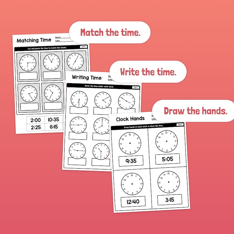 Telling Time to 5 Minutes Worksheets 1st, 2nd, 3rd Grade Reading Analog