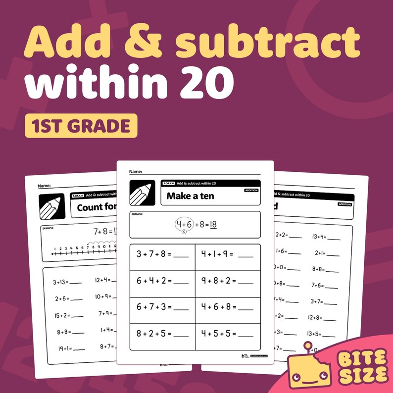 1st Grade Addition and Subtraction Within 20 Worksheets | 1.OA.C.6 No ...
